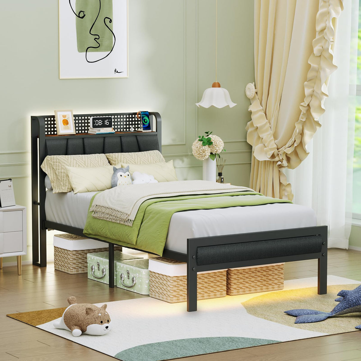 Furnulem Twin Size Bed Frame with LED Lighting, Charging Station, and Upholstered Storage Headboard in Grey Furnulem