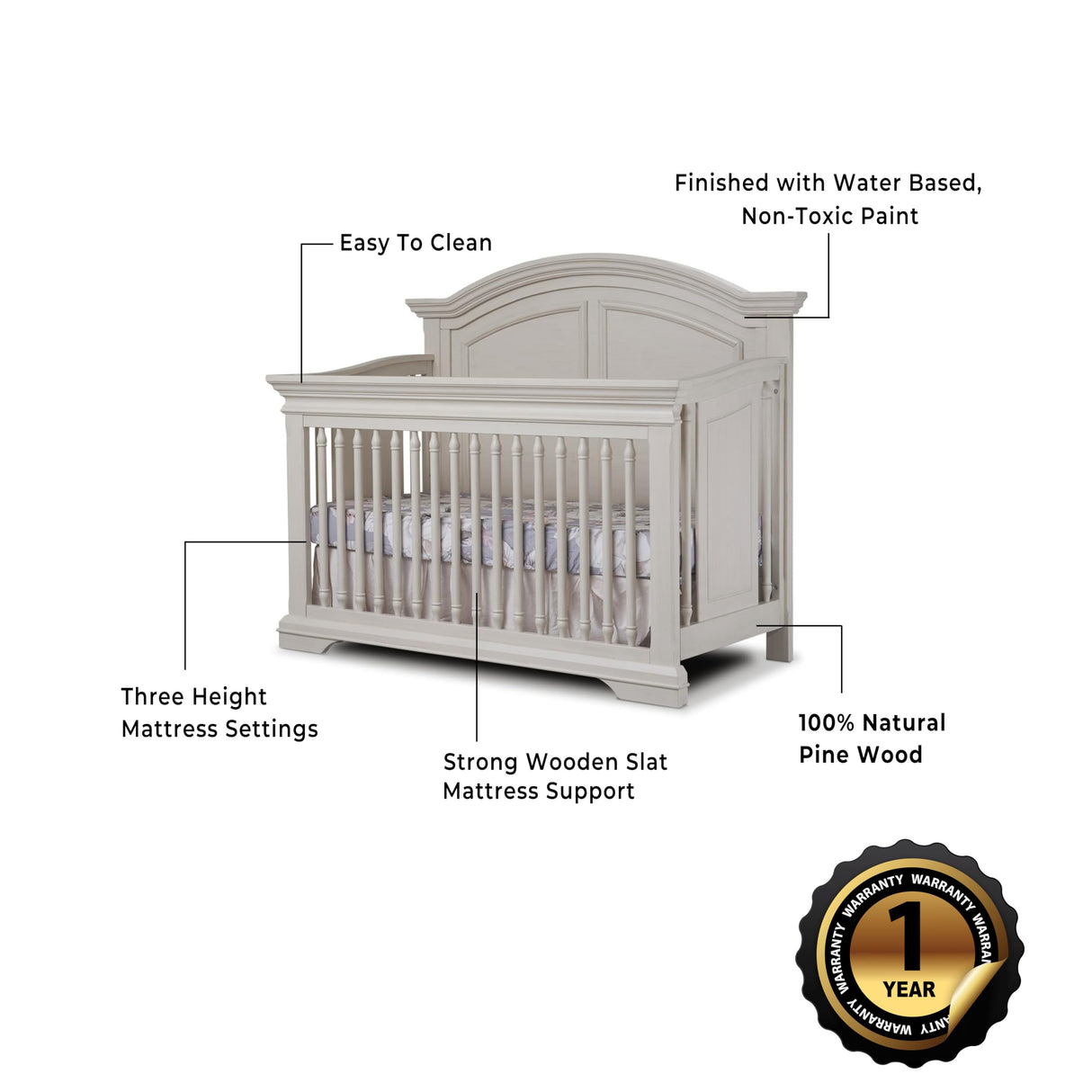 Sorelle Furniture High Arch Portofino Crib, Classic 4-in-1 Convertible Crib, Crib Made of Wood, Wooden Baby Bed, Toddler Bed, Child’s Daybed and Full-Size Bed, Nursery Furniture-Brushed Ivory Sorelle