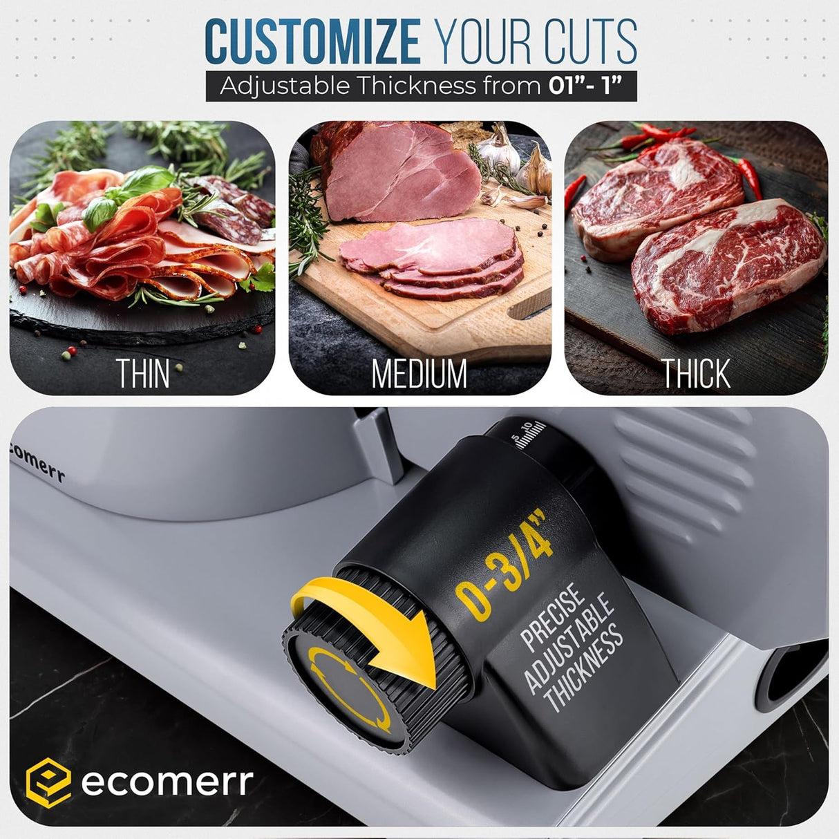 Meat Slicer, 200W Powerful Electric Food Slicer-Deli Meat Slicer Machine for Home Use for, Cheese, Bread, Vegetables-2 Round 7.5" Stainless Steel Blade, Child Lock Protection & Adjustable Thickness Ecomerr