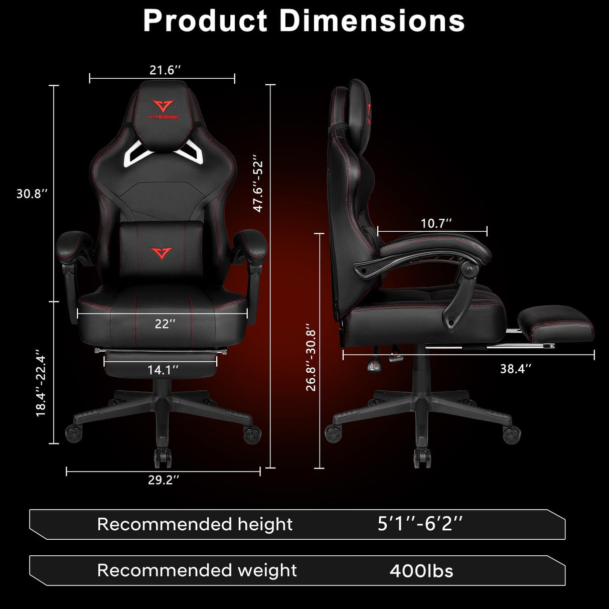 VITESSE Big and Tall Gaming Chair 400lb Weight Capacity with Footrest, Ergonomic Video Game Chair for Adults with Oversized Headrest and Lumbar Pillow, Computer Chair Gaming for Office (Black+Red) VITESSE
