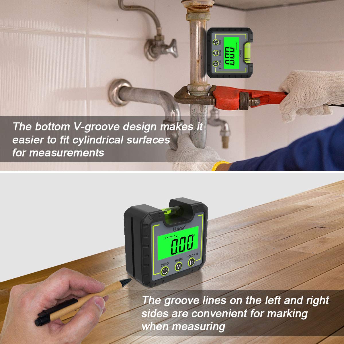 Huepar Digital Level Angle Gauge Mini Angle Finder Level Box with V-Groove Magnetic Base&Backlight LCD Bevel Gauge Inclinometer for Carpentry,Building, Automobile, Masonry -0-360°Fast Measurement AG01 Huepar