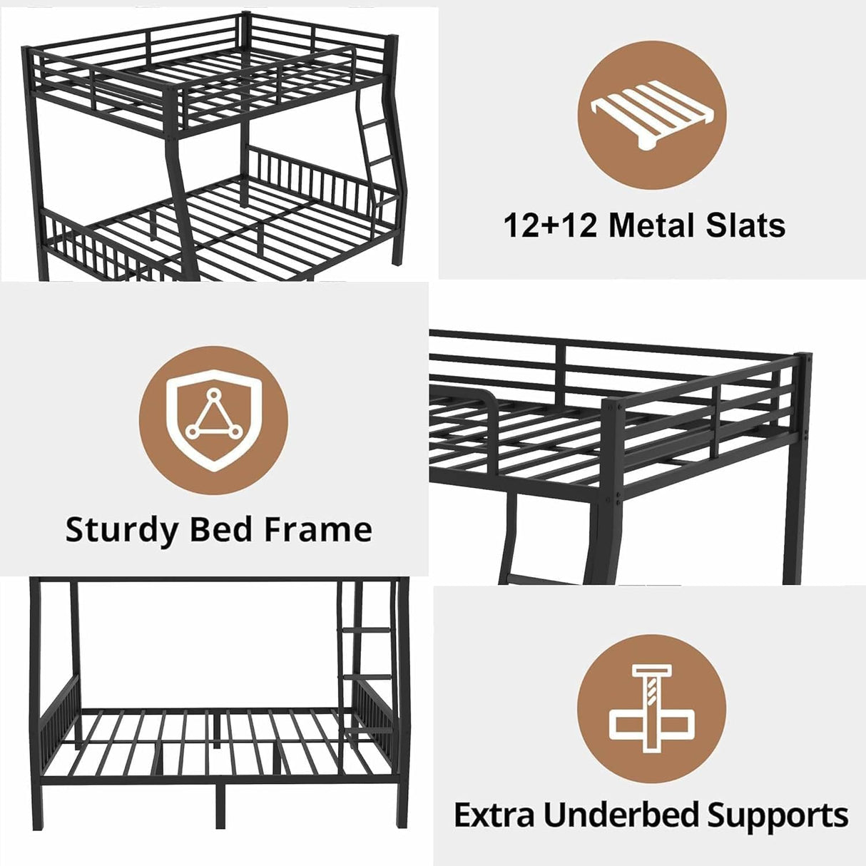 Full XL Over Queen Bunk Beds for Kids Teens Adults, Heavy-Duty Metal Bunk Bed Full Over Queen with Ladder and Slats Support for Boys Girls,Space-Saving,Noise Reduced,Black MoproBeti