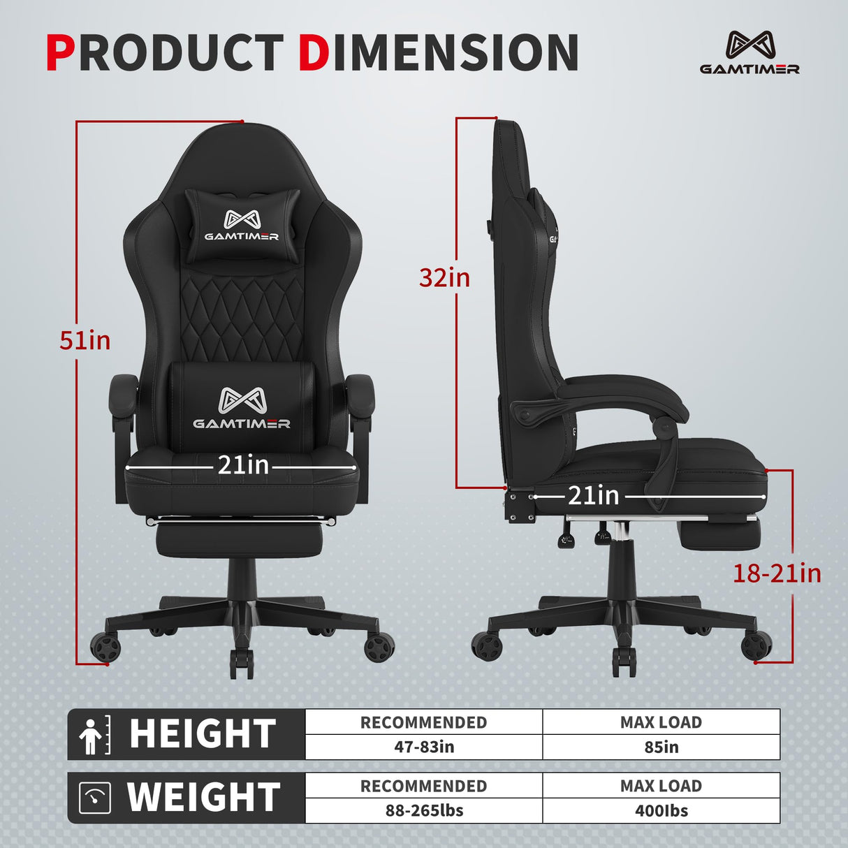 Gaming Chair with Footrest, Ergonomic Computer Chair, PU Breathable Material with Headrest and Lumbar Support, Suitable for Silla Gamer and Adults (Black) Gamtimer