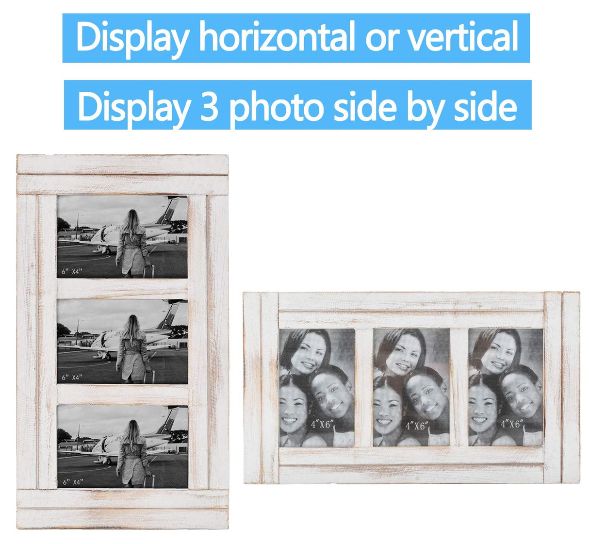 RiteSune 3 Picture Frames 4x6 for Wall, Photo Collage Frame Present for Birthday, Rustic Photo Frames for Home Wall Decor(White RiteSune