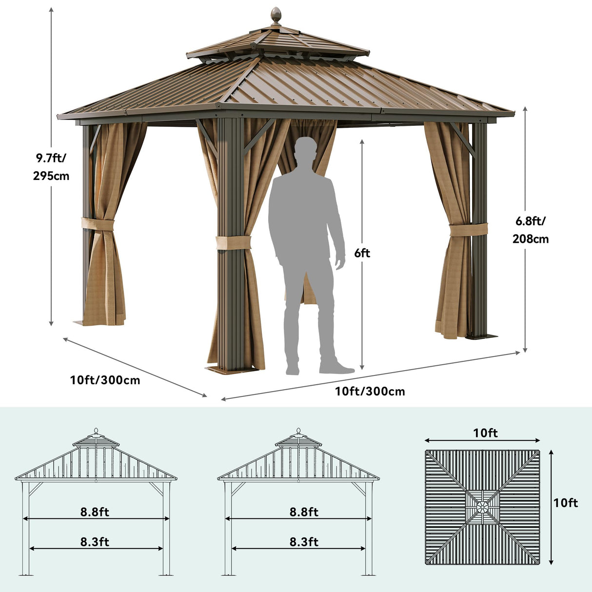 YITAHOME 10x10ft HardTop Gazebo with Nettings and Curtains, Heavy Duty Double Roof Galvanized Steel Outdoor Combined of Horizontal Vertical Stripes Roof for Patio, Backyard, Deck, Lawn (Bronze) YITAHOME
