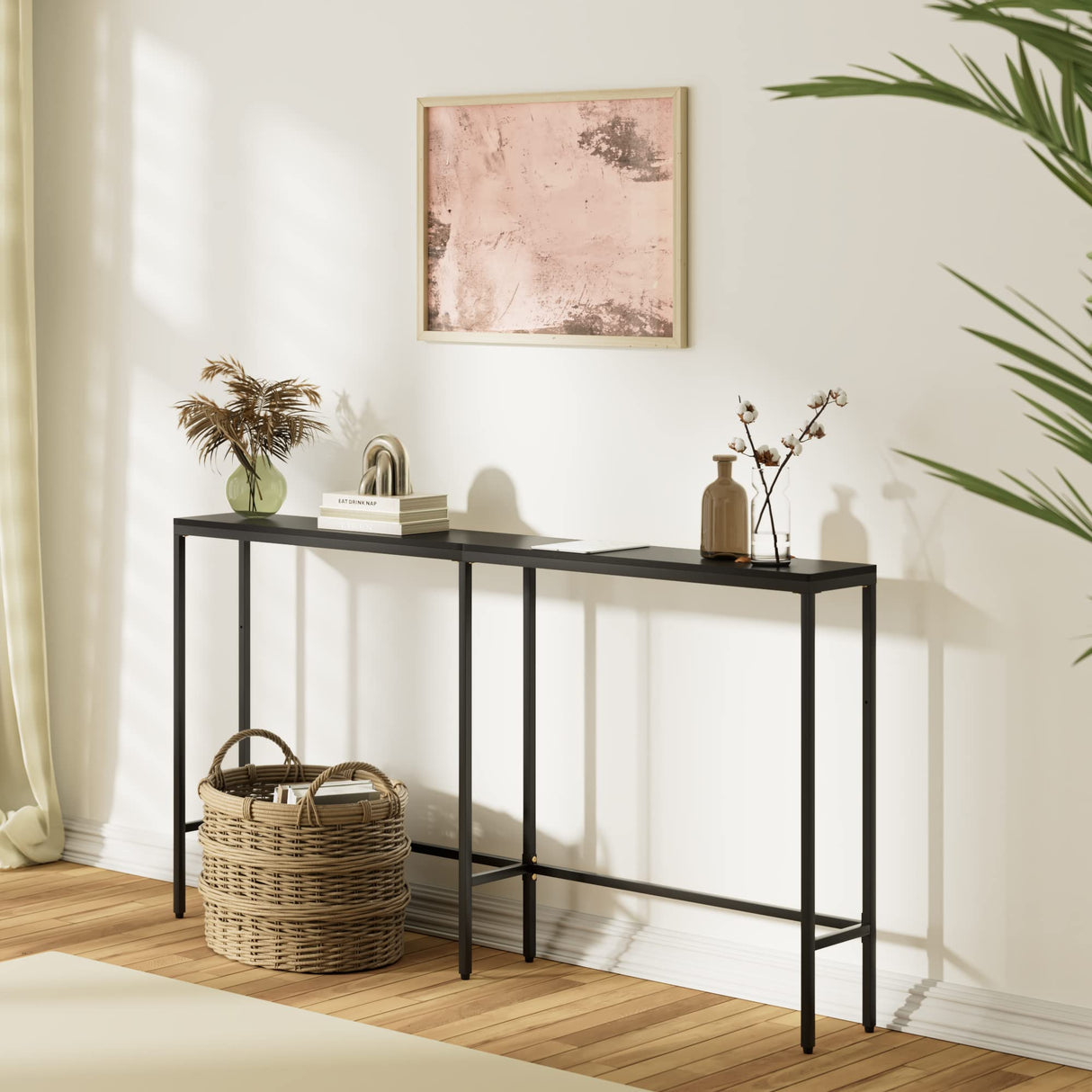 SONGXIN 63" Console Table,Modern Narrow Long Sofa Table Behind Couch,Skinny Entry Table with Black Metal Frame for Living Room, Hallway,Classic Black SONGXIN