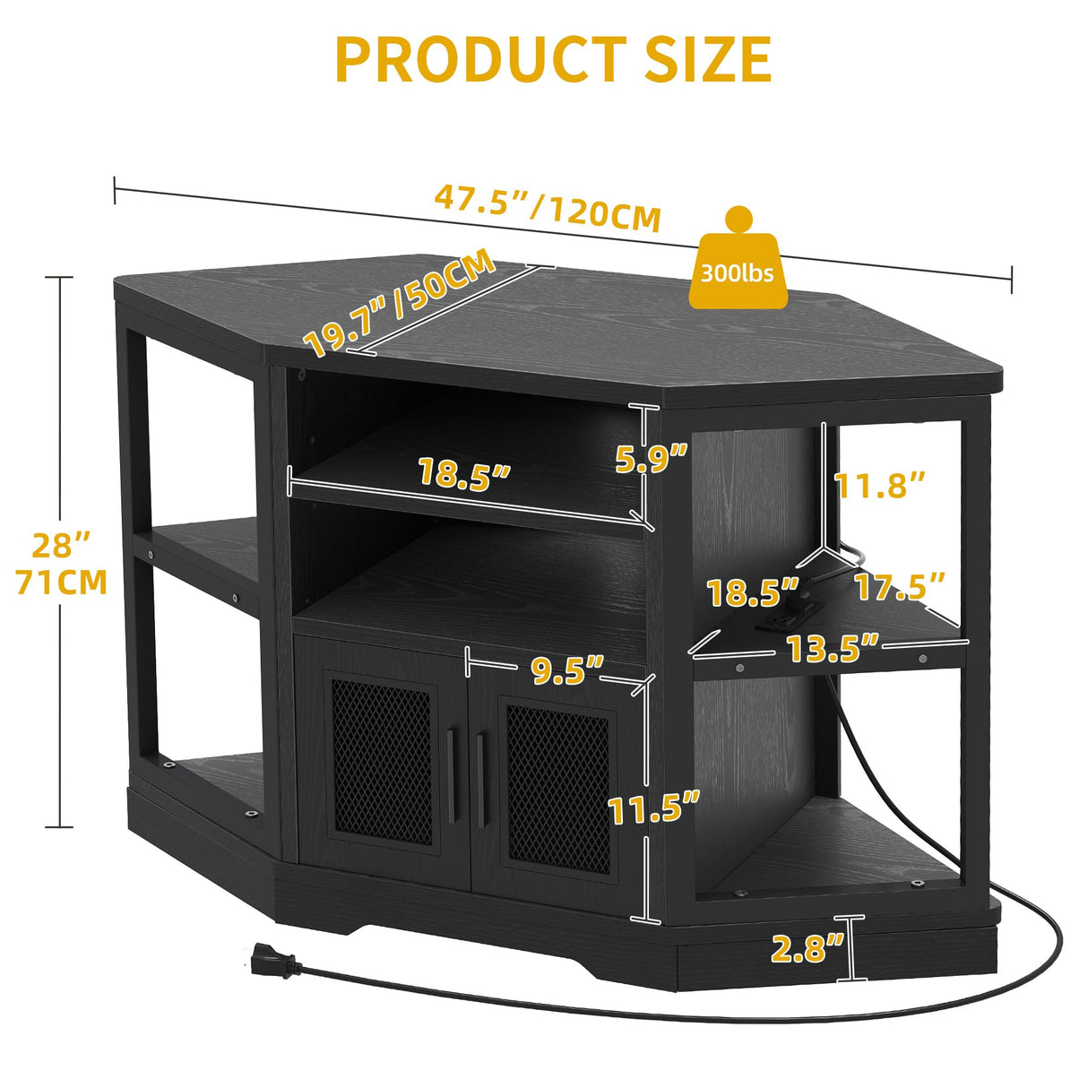 DWVO Farmhouse Corner TV Stand for Living Room, TV Stand for 55 Inch TV, Entertainment Center with Storage and Power Outlet, TV Console Cabinet, Black DWVO