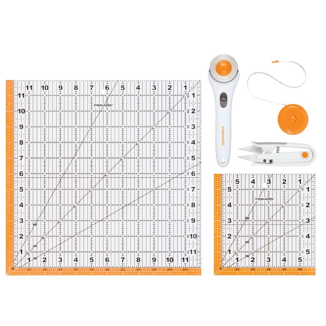 Fiskars Crafts Essentials 5-Piece Set - 45mm Blade Rotary Cutter for Fabric, Self Healing Cutting Mat, and Sewing Ruler - Craft Supplies - White/Gray Fiskars
