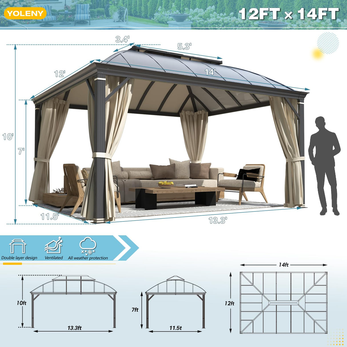 YOLENY 12'x14' Hardtop Gazebo, Permanent Outdoor Aluminum Patio Gazebo with Aluminum Composite Double Arc Roof for Patio Lawn and Garden, Curtains and Netting Included YOLENY