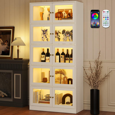 Lamtor 68" Display Cabinet with Glass Doors - 5-Tier Tall Curio Cabinet with Storage for Collectibles, Modern Glass Display Case with RGB LED Lights for Kitchen, Living Room and Bedroom, White
