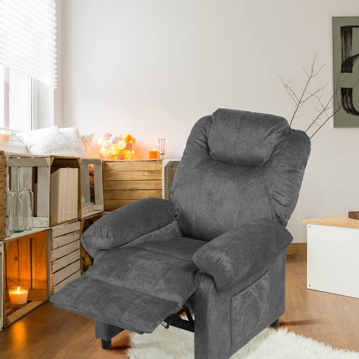 KCREAM Grey Overstuffed Massage Recliner Chair Living Room Chairs for Adults with Side Pockets Fabric Manual Small Recliner with Heating Push Back Recliner Single Sofa Chair KCREAM