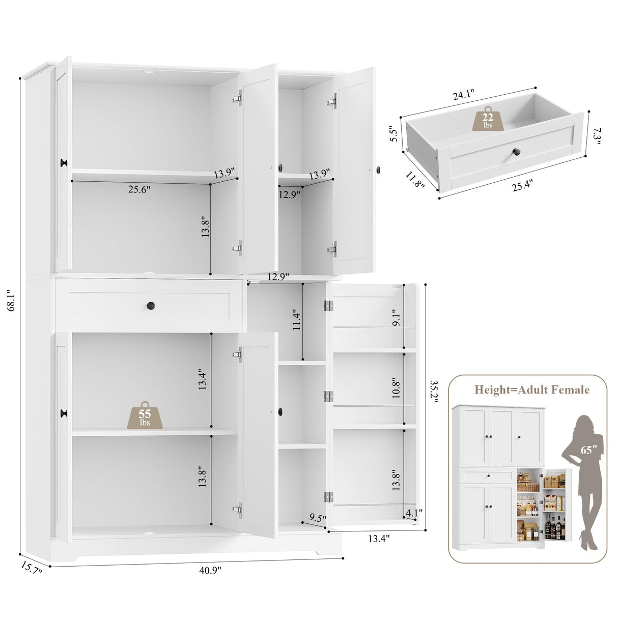HOSTACK 68" Tall Kitchen Pantry Storage Cabinet, Modern Kitchen Hutch Cabinet with Doors and Shelves, Freestanding Food Pantry with Large Storage Drawer for Dining Room, Living Room, White HOSTACK