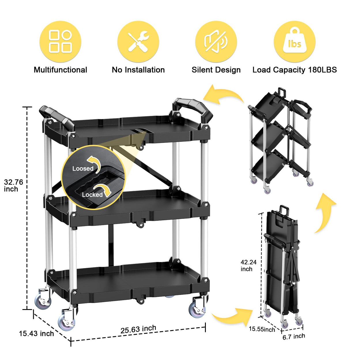 Foldable Rolling Book Cart, 3 Tier Folding Utility Service Carts with Wheels Lockable Handles for Women No Assembly Storage School Restaurant Warehouse Garage 180LBS Capacity Sturdon