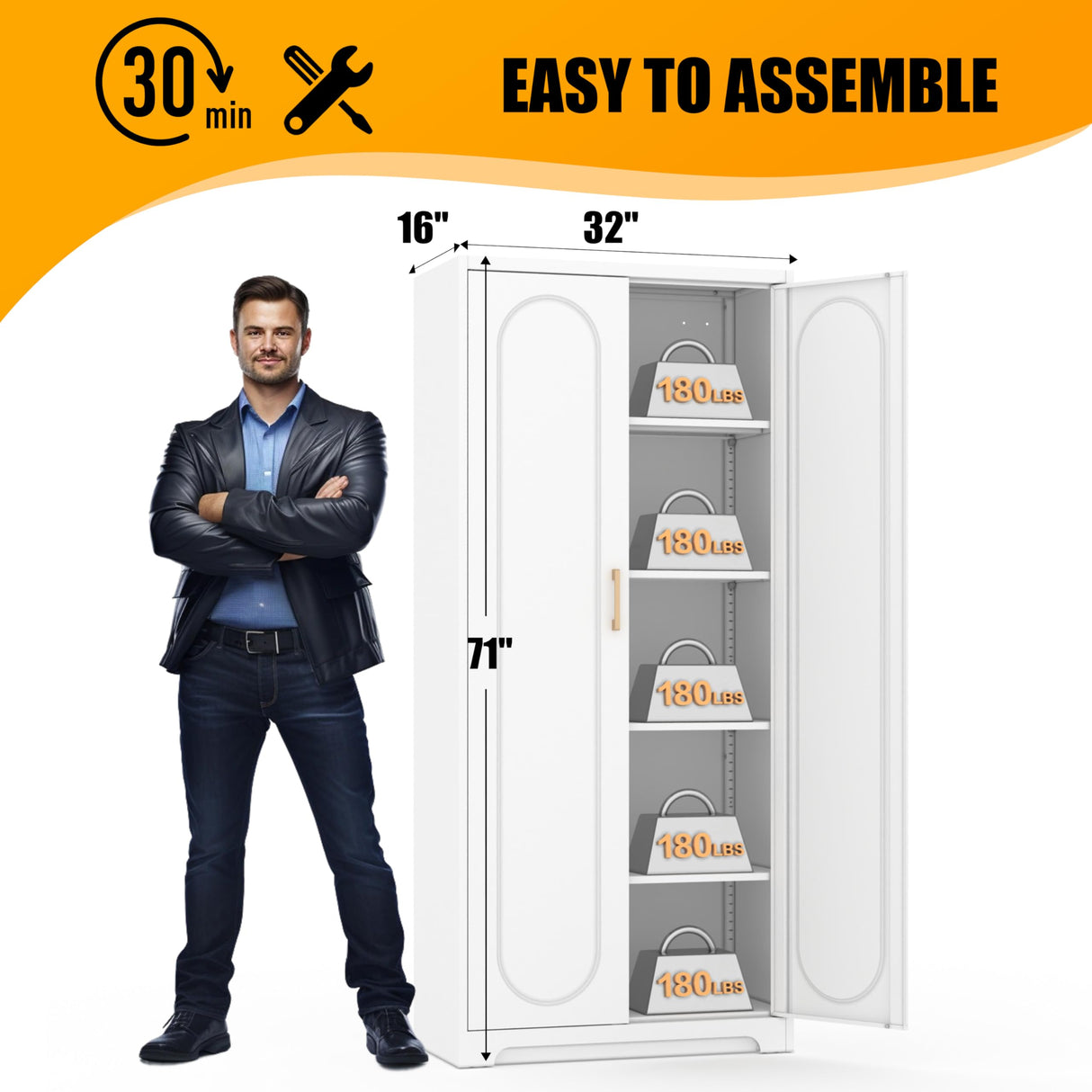 Metal Storage Cabinet with 4 Adjustable Shelves, 71" Tall Kitchen Storage Cabinet with Gold Handles, White Pantry Cabinets, Storage Cabinets for Home Office, Living Room, Hallway - Assembly Required MetalMax