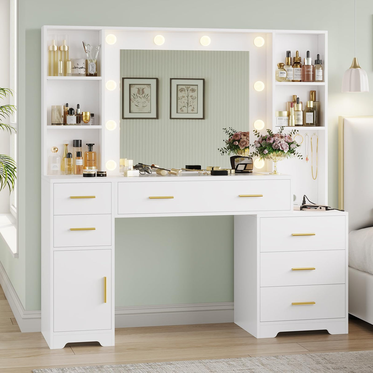 Hasuit 48.8'' Large Vanity Desk with Lighted Mirror & Power Outlet, White Makeup Vanity Table with 6 Drawers, 4 Shelves and 1 Storage Cabinet, Glass Tabletop Bedroom Dressing Table, 3 Lighting Modes Hasuit