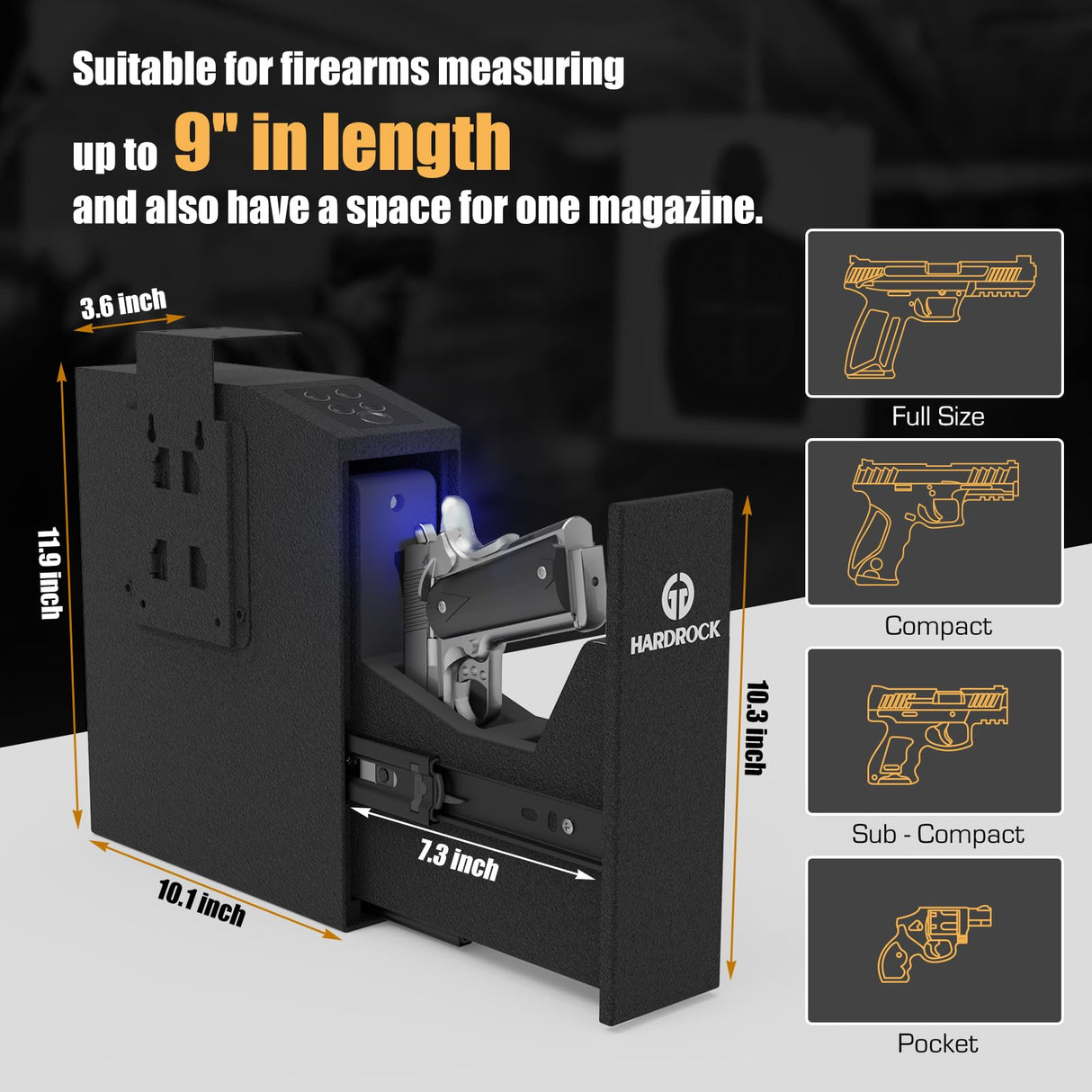 HARDROCK Biometric Slider Gun Safe for Handgun,Hidden Fingerprint Gun Safe Box for Home Nightstand Desk Bedside,Wall Mounted Lock Quickly Access Sliding Door Pistol safes,PIN Code Key HARDROCK