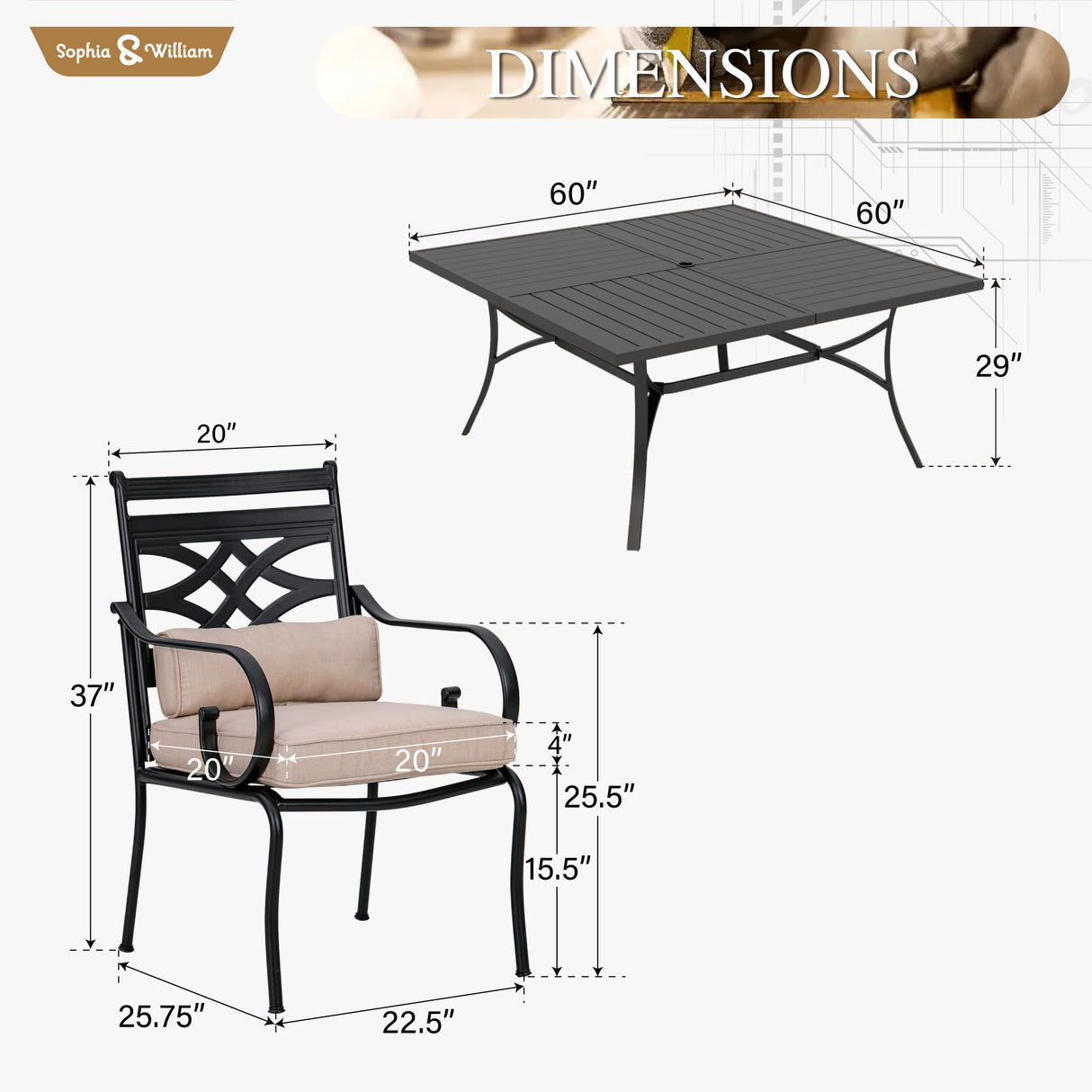 Sophia and William Outdoor Patio Dining Set for 8, Outdoor Table and Chairs, Removable Seat Cushions, 60" Square Black Patio Dining Table Sophia & William