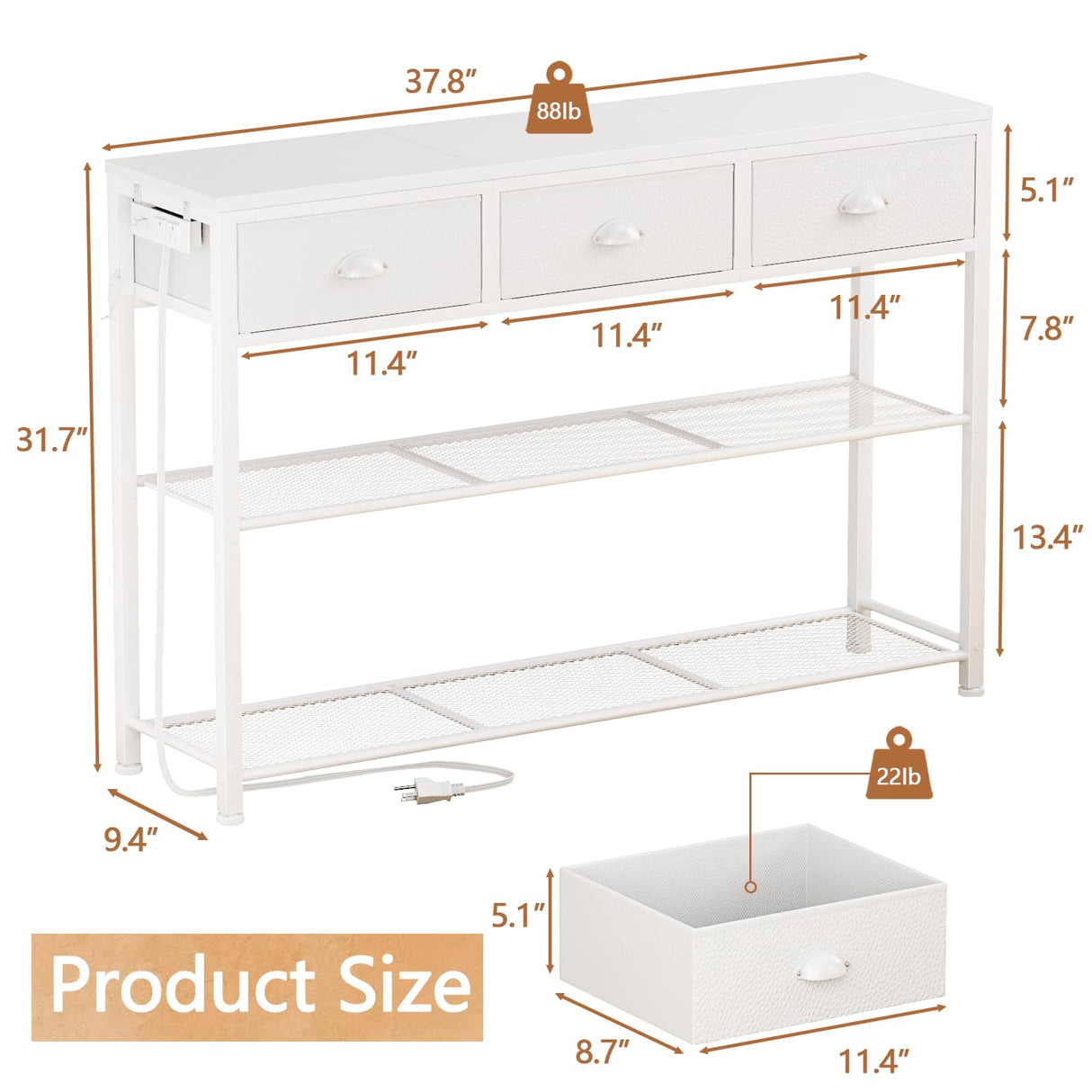 Furologee 38in Console Table with 3 Drawers, Small Sofa Table with Lights and Power Outlets, Hallway Tables with 3-Tier Shelves, White Narrow Console Table for Entryway, Living Room, Couch, Foyer Furologee
