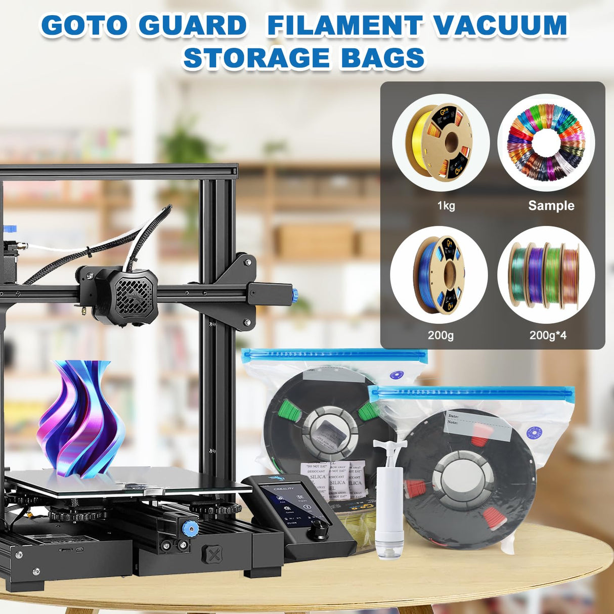 Goto Guard 16Pcs Filament Vacuum Storage Bags Kit with Hand Pump, 3D Printer Filament Storage Bags for Keeping Dry and Clean, 5 Filament Bags with 5 Desiccants,5 Clips,After Using Filament Dryer Box Goto Guard
