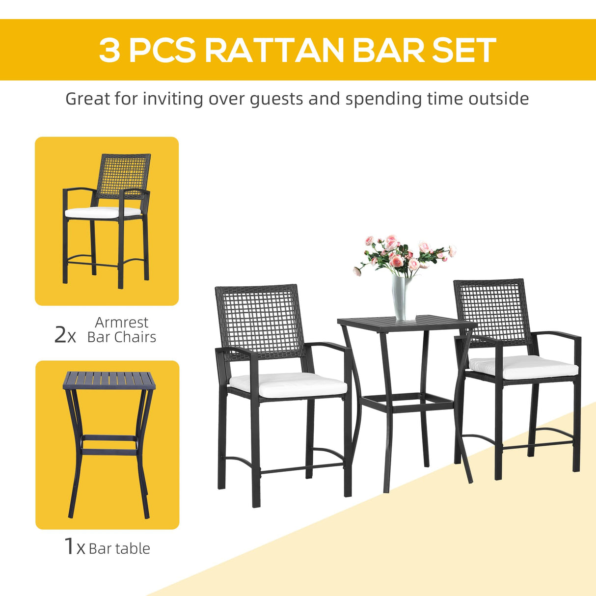 Outsunny 3pcs Patio Bar Set with Soft Cushion, Rattan Wicker Outdoor Furniture Set for Backyards, Lawn, Deck, Poolside Outsunny