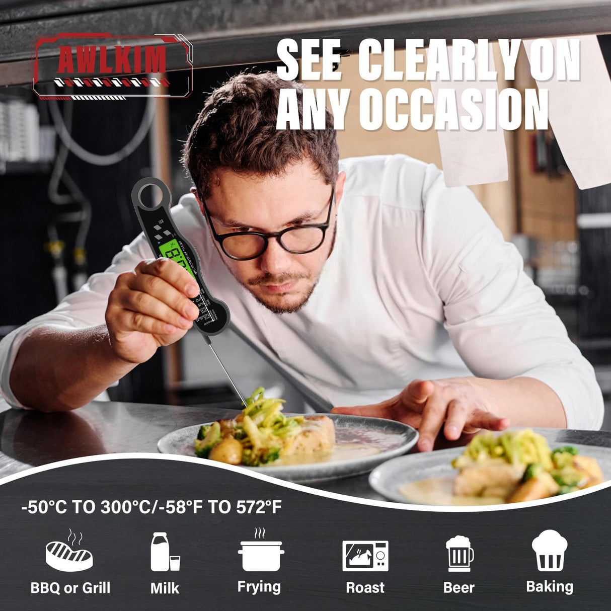 AWLKIM® Instant Read Meat Thermometer Digital - Waterproof Food Thermometer with Backlight for Cooking, Grill, Candy, Kitchen & Stocking Stuffers for Men - Grey AWLKIM