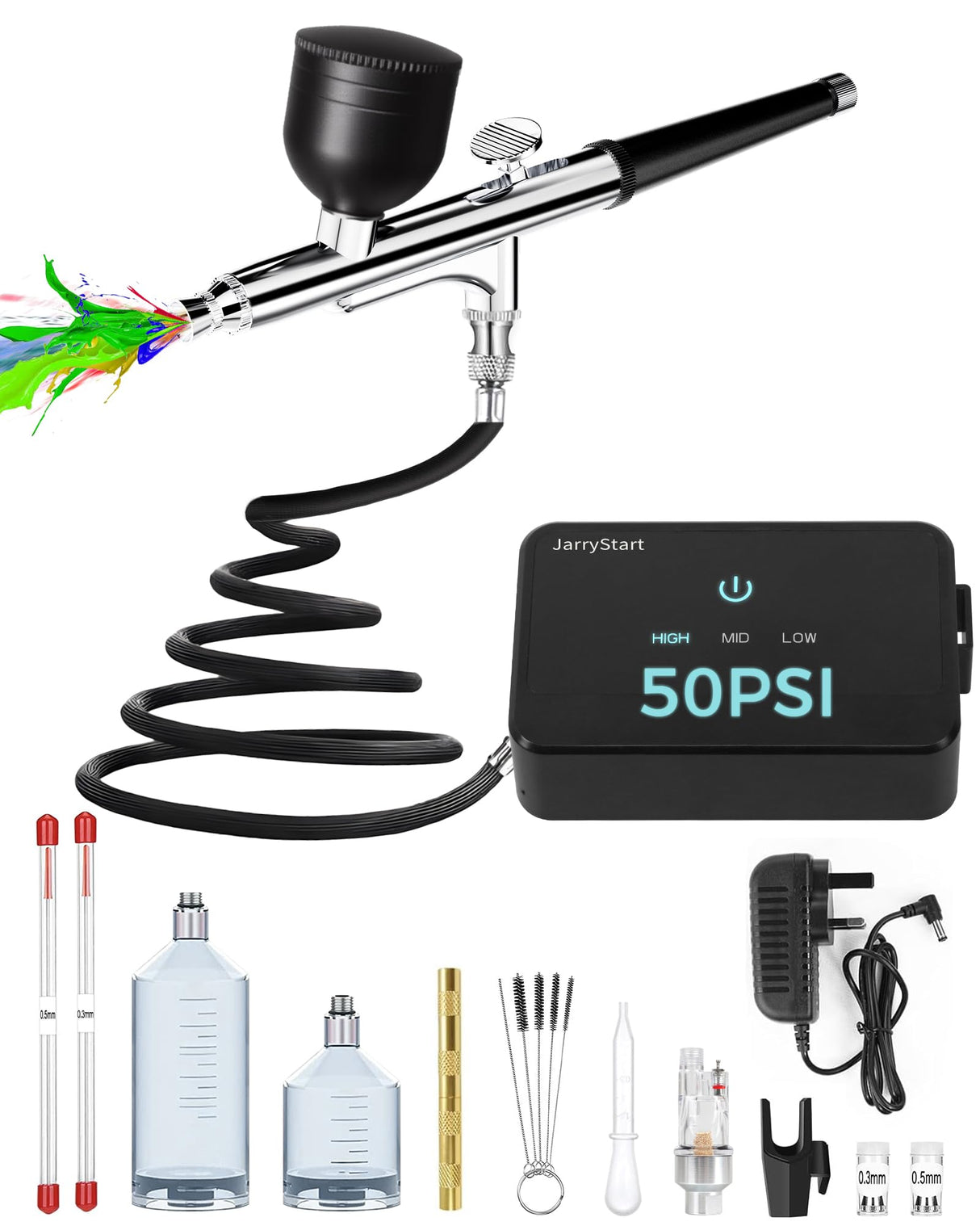 JarryStart Airbrush Kit with Air Compressor, Intuitive 50 PSI High Pressure Air Brush with 0.2/0.3/0.5mm Nozzles & Cleaning Sets, Perfect for Modeling, Painting, Nails, Makeup, Cake Decorating JarryStart