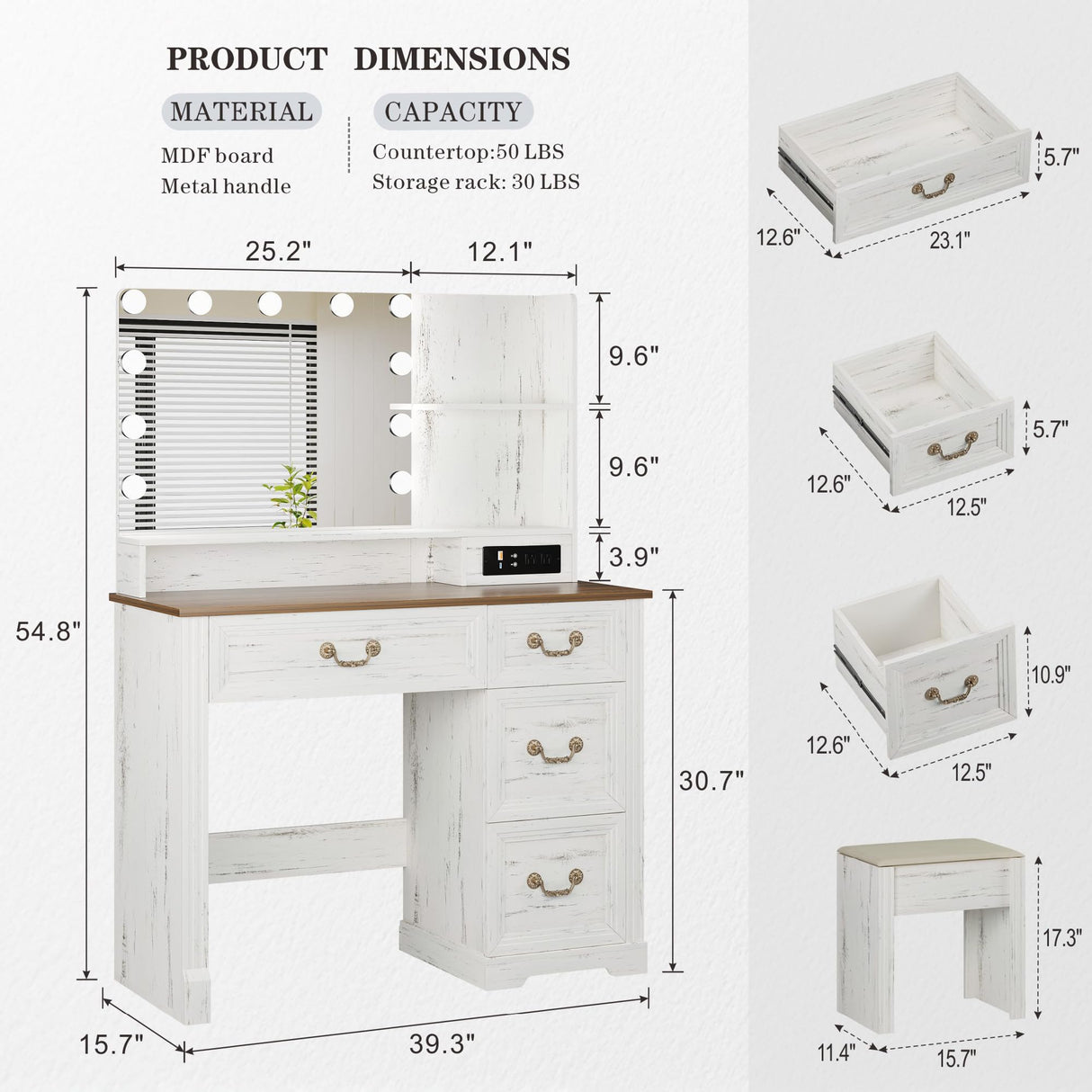 Lareth Farmhouse Vanity Desk with Lighted Mirror & Power Outlet, 39 inch Rustic Makeup Vanity Table with Drawers and Stool, Hollywood Mirror with 3-Color Lights, White Dressing Table for Women Girls Lareth