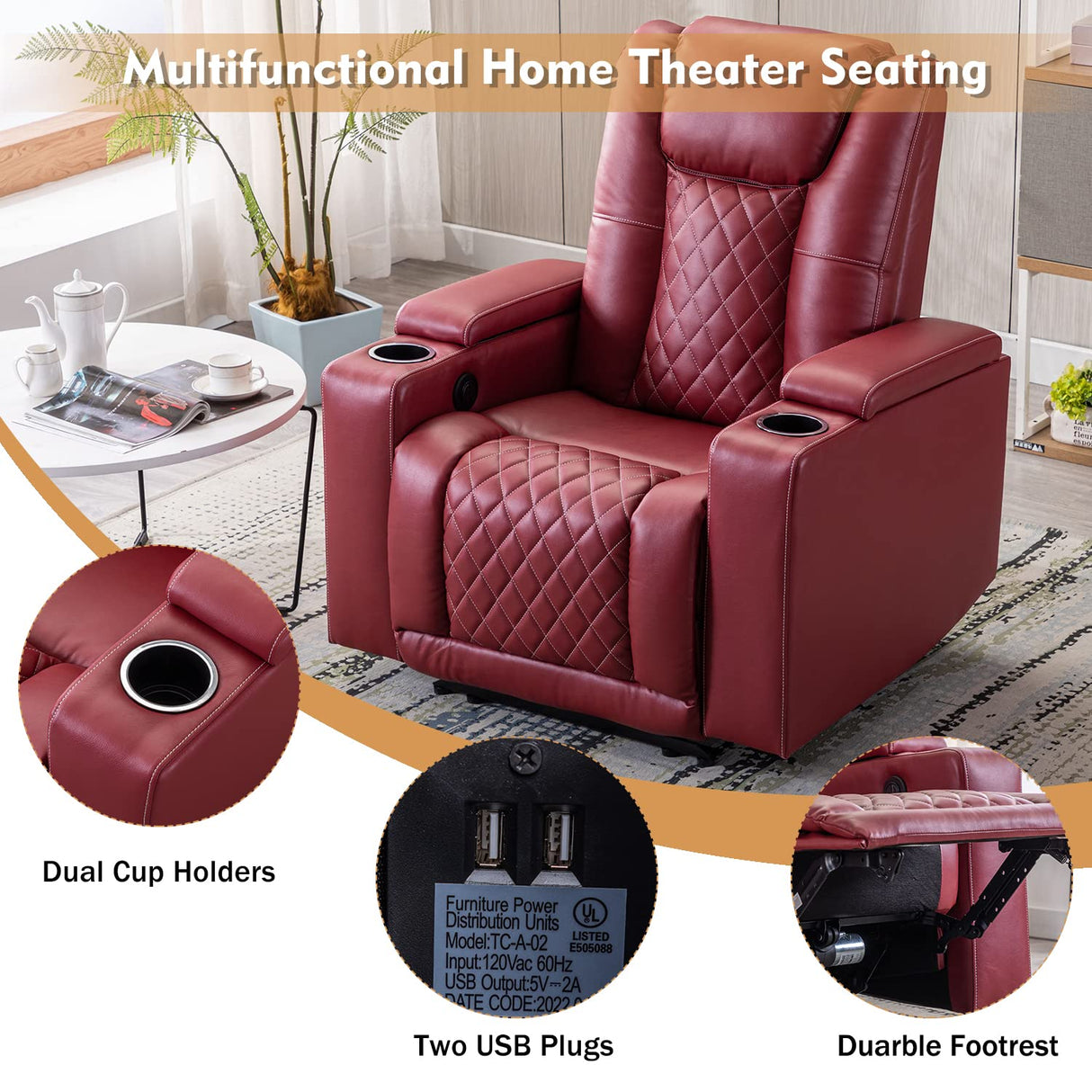 ANJ Electric Power Recliner Chair Soft Leather Reclining with USB Ports and Cup Holders, Red Home Theater Seating with Hidden Arm Storage Movie & Media Room Chairs ANJ