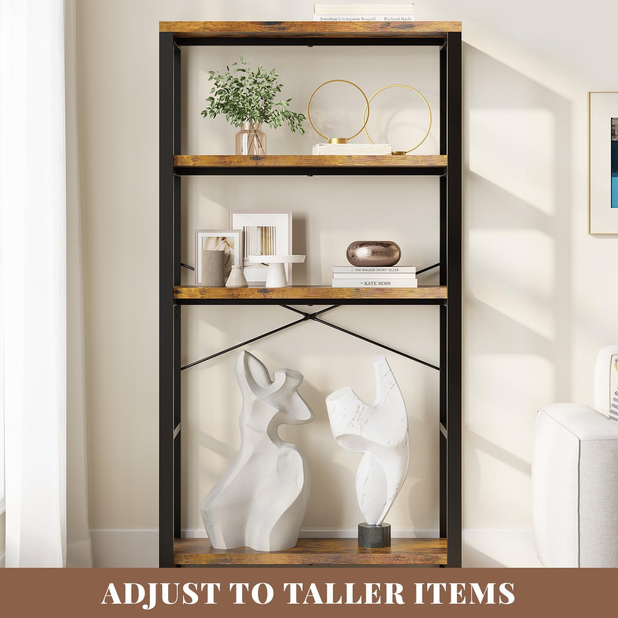 iabifo 5-Tier Adjustable Heavy Duty Bookshelf, Industrial Wooden Open Storage Rack with Black Metal Frame, Vintage Bookcase with Lock Wall Design, Rustic Brown iabifo