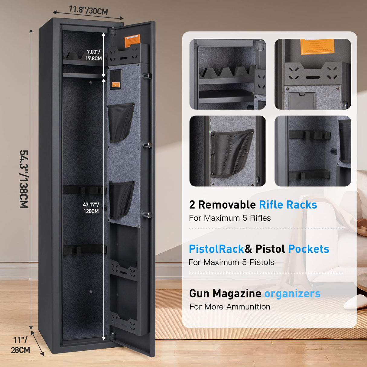 Mutak 4-5 Rifle Gun Safe for Home Rifle and Pistols, Biometric 5 Rifle Safe & 5 Pistols Racks, 4 Ways Quick Access with Fingerprint/PIN/Key/Type-C, Gun Cabinet with Alarm (No Assembly Required) Mutak
