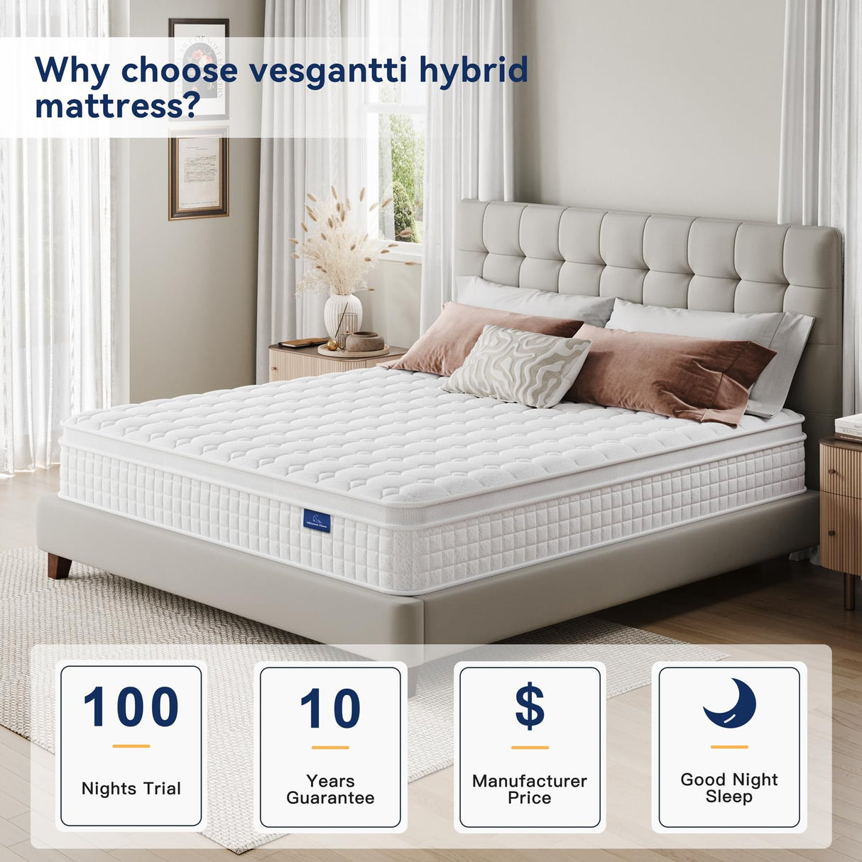 Vesgantti 12 Inch Multilayer Hybrid California King Mattress - Multiple Sizes & Styles Available, Ergonomic Design with Memory Foam and Pocket Spring, Medium Firm Feel, White Vesgantti
