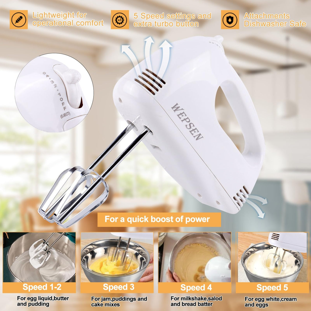 WEPSEN Hand Mixer Electric Mixing Bowls Set, 5 Speeds Handheld Mixer with 4 Nesting Stainless Steel Mixing Bowl, Measuring Cups Spoons 200W Kitchen Blender Whisk Beater Baking Supplies For Beginner WEPSEN