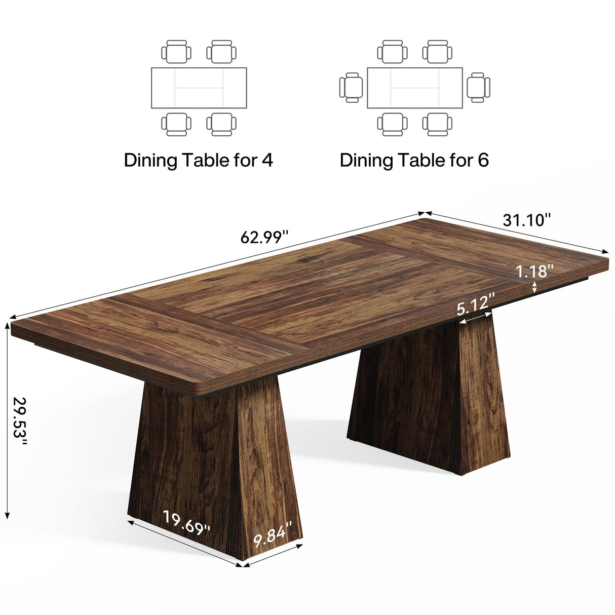 LITTLE TREE Dining Table for 6 People, Wooden Dining Table, Rectangle Table with Heavy Duty Legs, Modern Dining Table for Kitchen, Dining Room, Brown LITTLE TREE