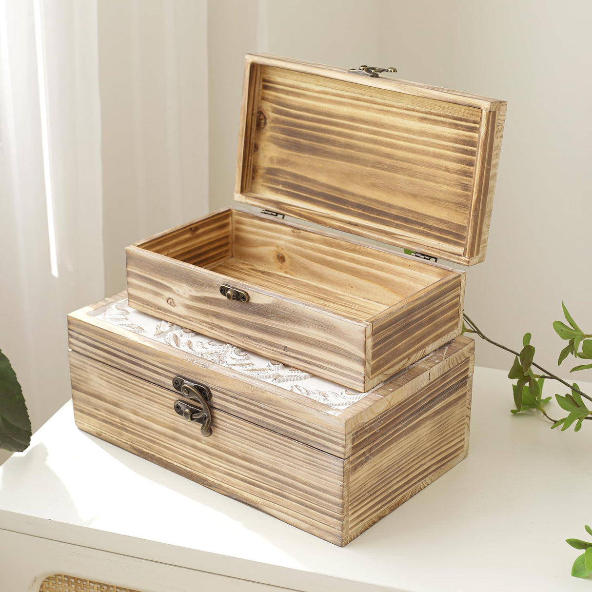 DECOR4SEASON Wooden Box Set of 2 - Rustic Farmhouse Decorative Boxes with Hinged Lid and Carved Design DECOR4SEASON