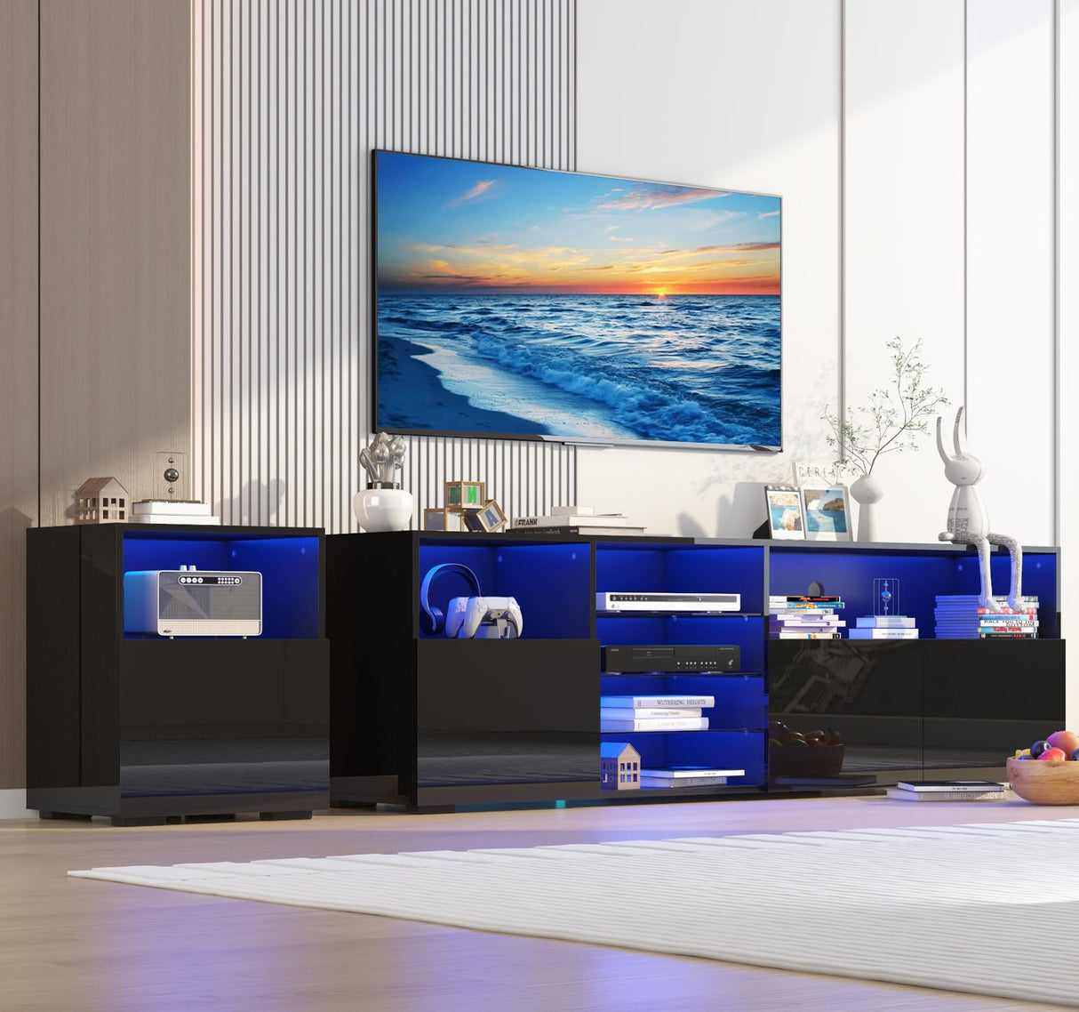 jiteentarou 79IN LED TV Stand for 75/80/85inch TV,High Glossy Modern TV Stand for Living Room,TV Entertainment Center with Adjustable Storage Shelf,RGB LED Lighting,TV Console(Black) jiteentarou