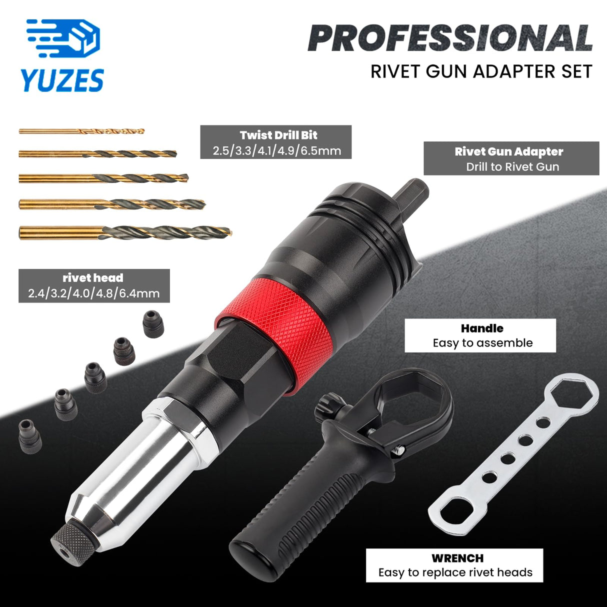 YUZES Rivet Gun Kit Adapter for Cordless Drills and 8mm Ratchet Wrench, Rivet Tool with (3/32", 1/8", 5/32", 3/16", 1/4") Interchangeable Rivet Heads and 5 Twist Drill, Easy Processing for Pop Rivet YUZES