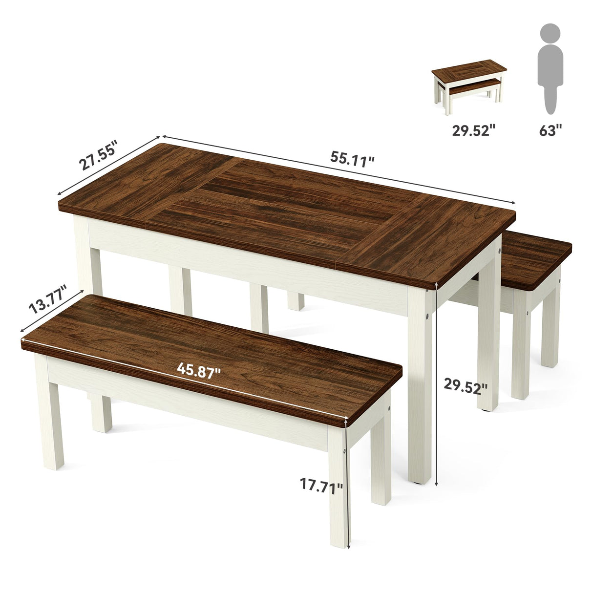 LITTLE TREE Dining Table Set for 4, Small Space Saving Farmhouse Kitchen Chairs, Compact 3-Piece Kitchen and Dining Room Furniture with 2 Wood Benches LITTLE TREE