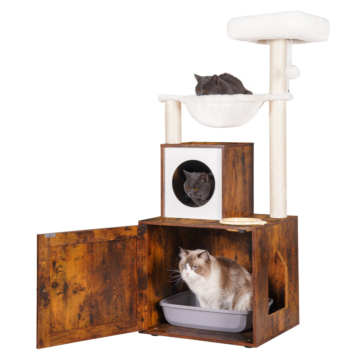 Heybly Cat Tree, Wood Litter Box Enclosure with Food Station, All-in-one Indoor Cat Furniture with Basket and Condo, Modern Style Cat Tower, Hammock, Rustic Brown HCT101SR Heybly