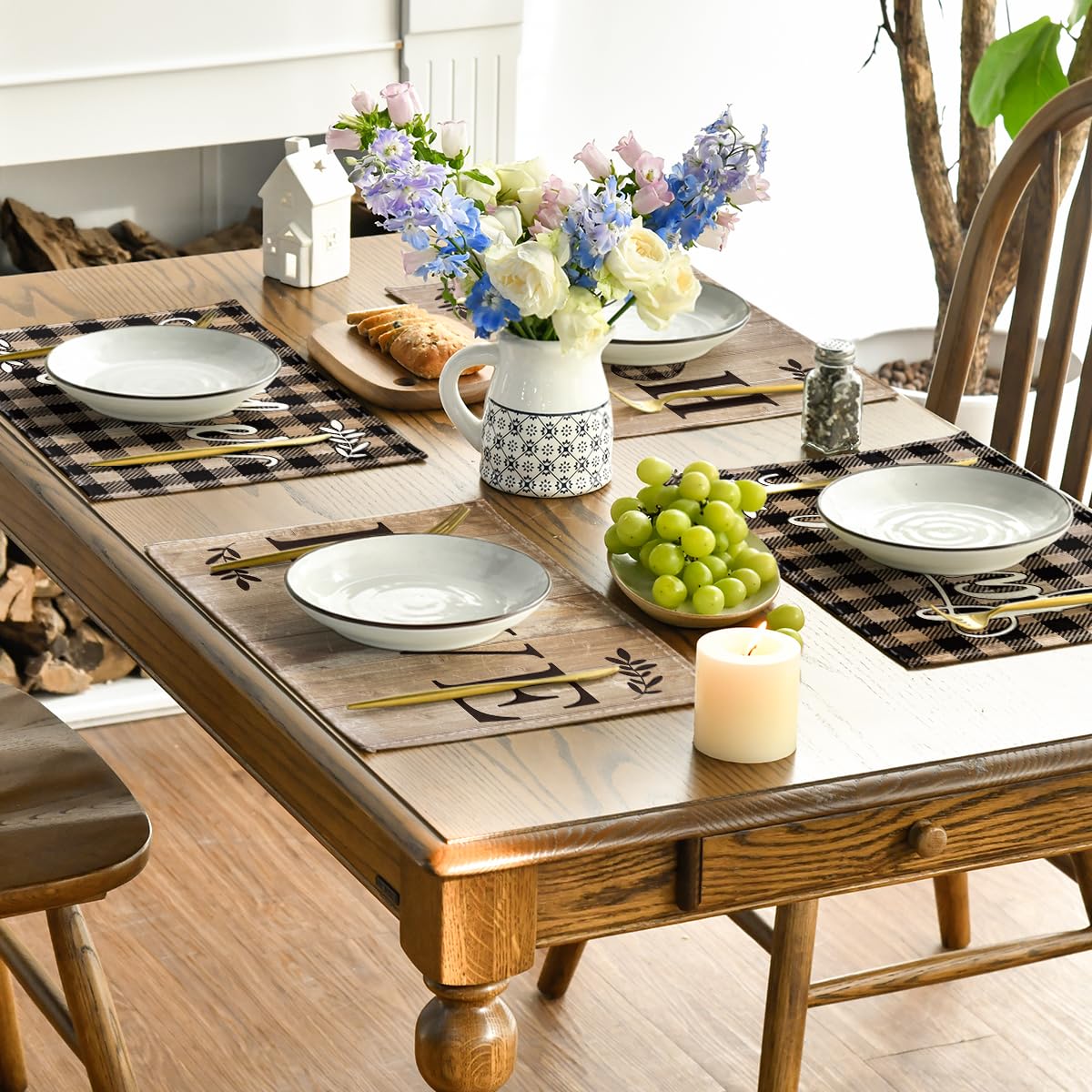 Artoid Mode Wood Love Family Home Together Buffalo Plaid Placemats Set of 4, 12x18 Inch Farmhouse Table Mats Party Kitchen Dining Decoration Artoid Mode