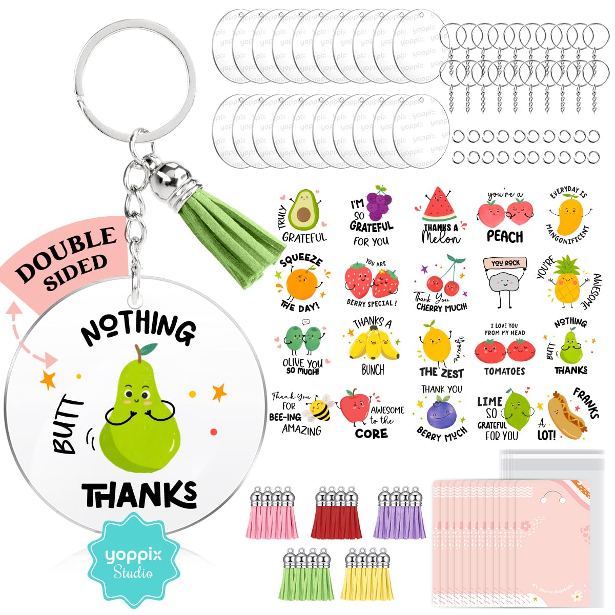 YOPPIX 140 PCS Acrylic Keychain Blank Set, Fruit Double-Sided UV DTF Stickers Acrylic Keychain Making Kits for Vinyl DIY Craft Project Employee Appreciation Gifts YOPPIX