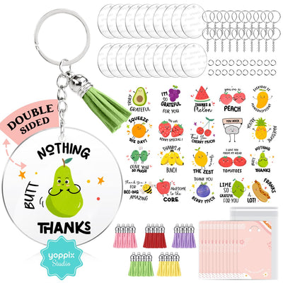 YOPPIX 140 PCS Acrylic Keychain Blank Set, Fruit Double-Sided UV DTF Stickers Acrylic Keychain Making Kits for Vinyl DIY Craft Project Employee Appreciation Gifts