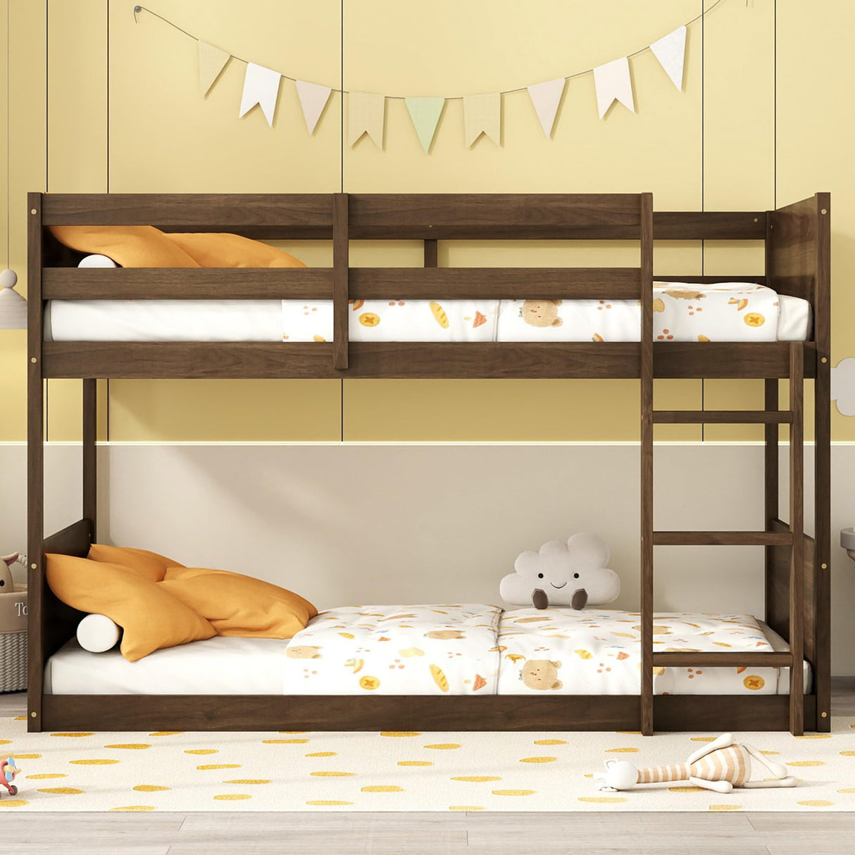 LUKEEHOM Bunk Bed Twin Over Twin, Wood Low Profile Floor Twin Bunk Beds with Headboard Ladder Guardrails for Kids Boys and Girls, No Box Spring Needed LUKEEHOM