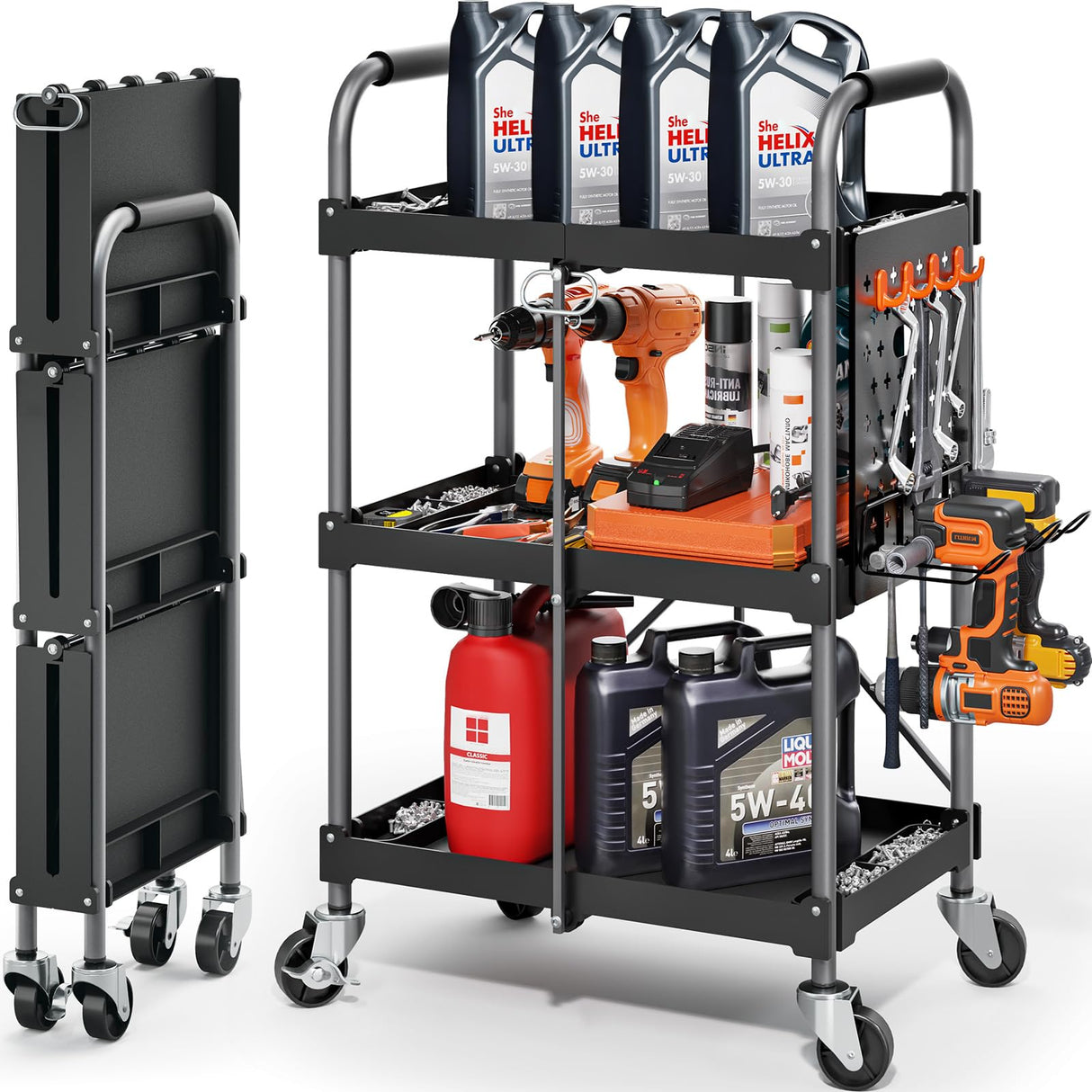KINGRACK 3 Tier Rolling Tool Cart with Wheels and Ergonomic Handle, Heavy Duty Foldable Utility Service Cart with Organizer Shelf, Multifunctional Storage Organizer, Practical for Home, Office, Garage KINGRACK