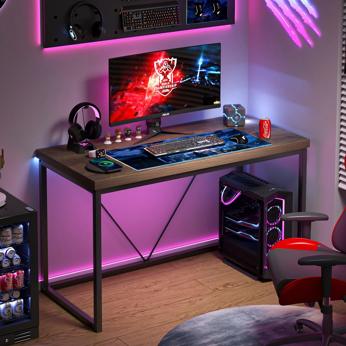 FOLUBAN Modern Home Office Desk, Rustic Wood and Metal Computer Desk, Industrial Study Writing Gaming Table Workstation, Vintage Laptop PC Desk, Oak 47 Inch FOLUBAN