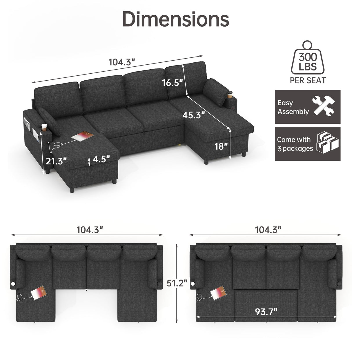 DURASPACE Sofa Bed Pull Out Couch Sleeper with Double Storage Chaise, U Shaped Convertible Sectional Sleeper Sofa for Living Room with USB Charging Ports, Cup Holder (Dark Gray) DURASPACE