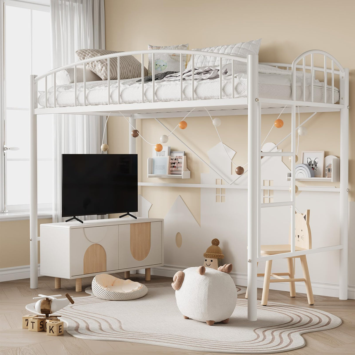 Garvee Loft Bed Twin Size with Ladde and Arched Guardrail, Heavy Duty Metal Loft Bed Frame for Kids and Adults, Sturdy Steel Slats Support, Small Space Saving Design, No Box Spring Needed, White Garvee