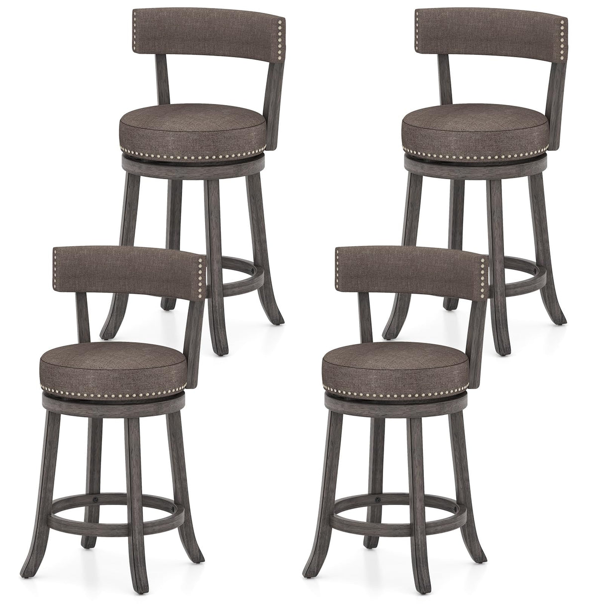 COSTWAY Bar Stools Set of 4, Upholstered Farmhouse Bar stools with Cushioned Seat & Backrest, Solid Wood Legs, Footrest, 26” Counter Height Swivel Stools for Kitchen Island, Pub (4, 26'' Seat Height) COSTWAY