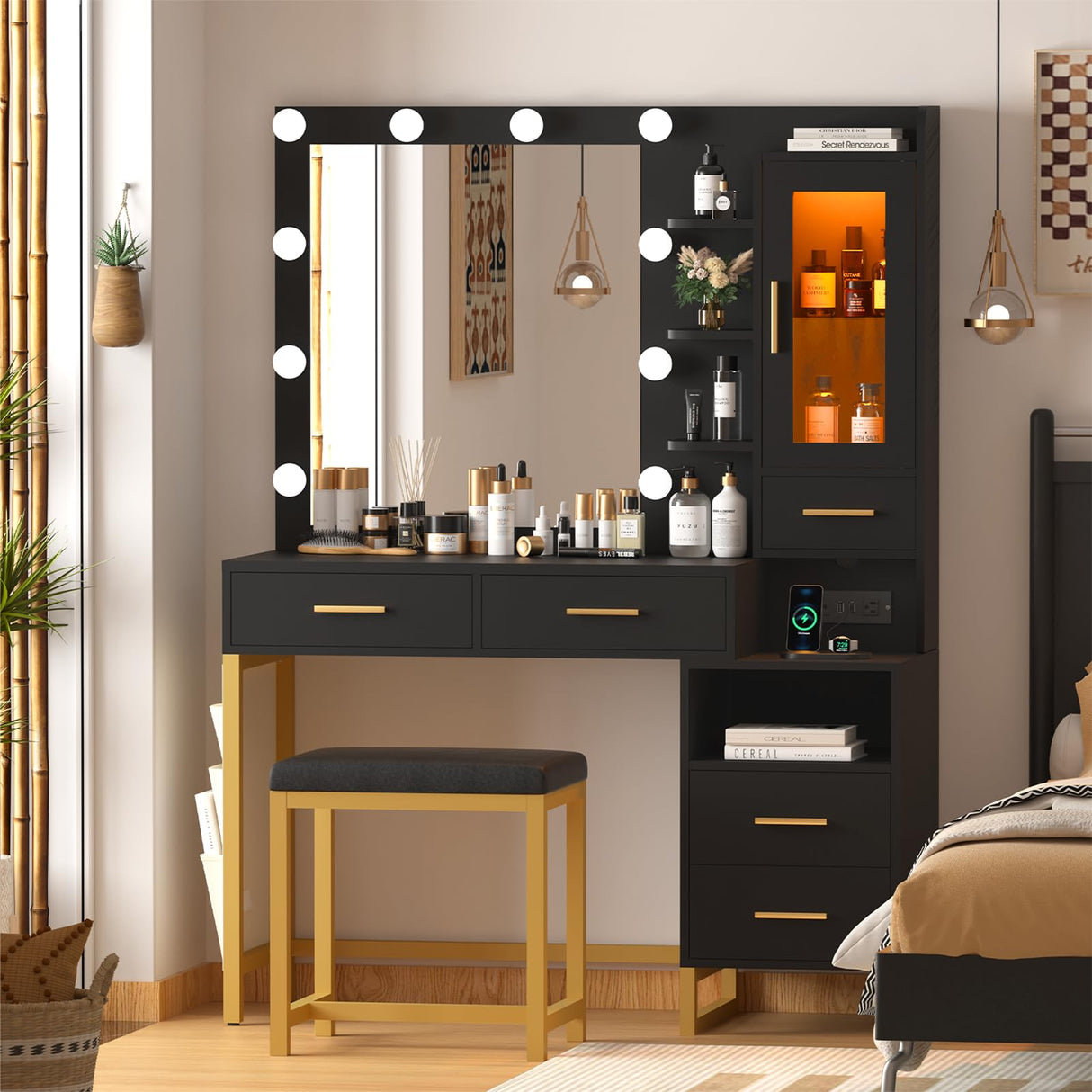 Makeup Vanity Table Set with LED Lights & Charing Station, Large Make up Vanity Desk with Mirror and Lights, Dressing Vanity Table with Nightstand & Soft Stool, Black Vanity with Drawers & RGB Cabinet CSZZD