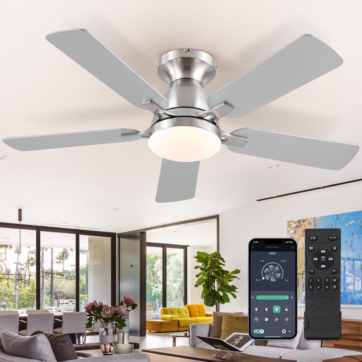 Mpayel Ceiling Fans With Lights and Remote/APP Control,46" Flush Mount Ceiling Fan Dimmable DC Motor,Low Profile Ceiling Fan for Bedroom,Living Room,Brushed Nickel Mpayel