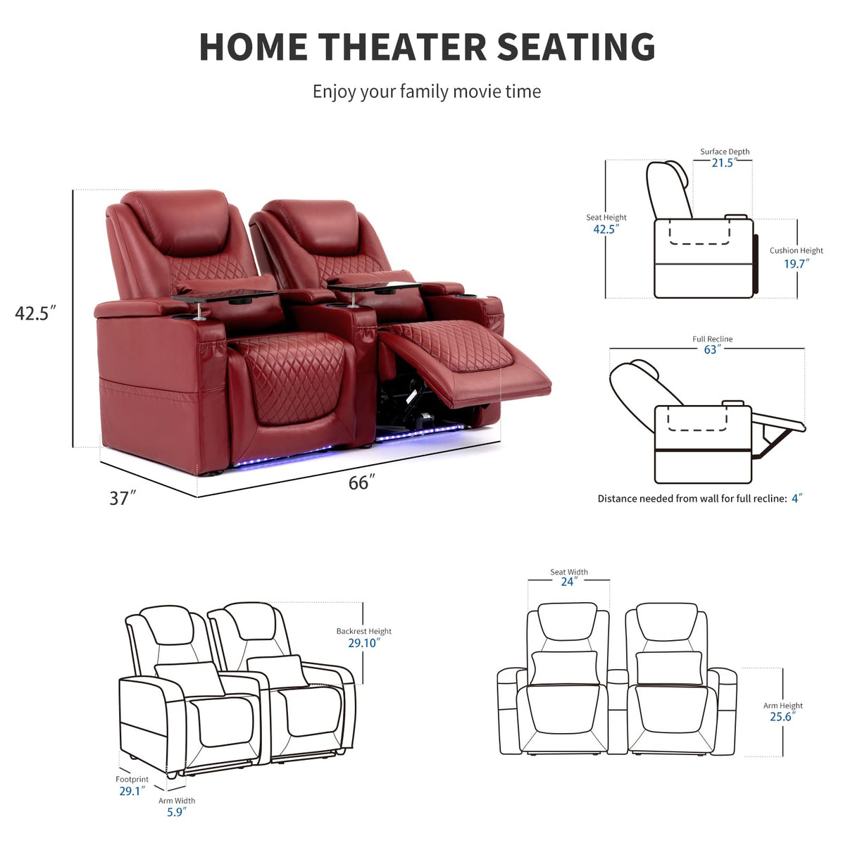 Airadlis Home Theater Seating Seats, Theater Recliner Chair Sofa Game Movie Theater Chairs with 7 Colors Ambient Lighting, Lumbar Pillow, Side Pocket, Tray Table, Power Recline, Red Airadlis